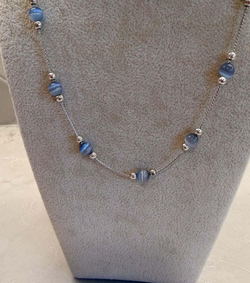 Vintage Silver Tone Light Blue Cat Eye Beaded Station Necklace